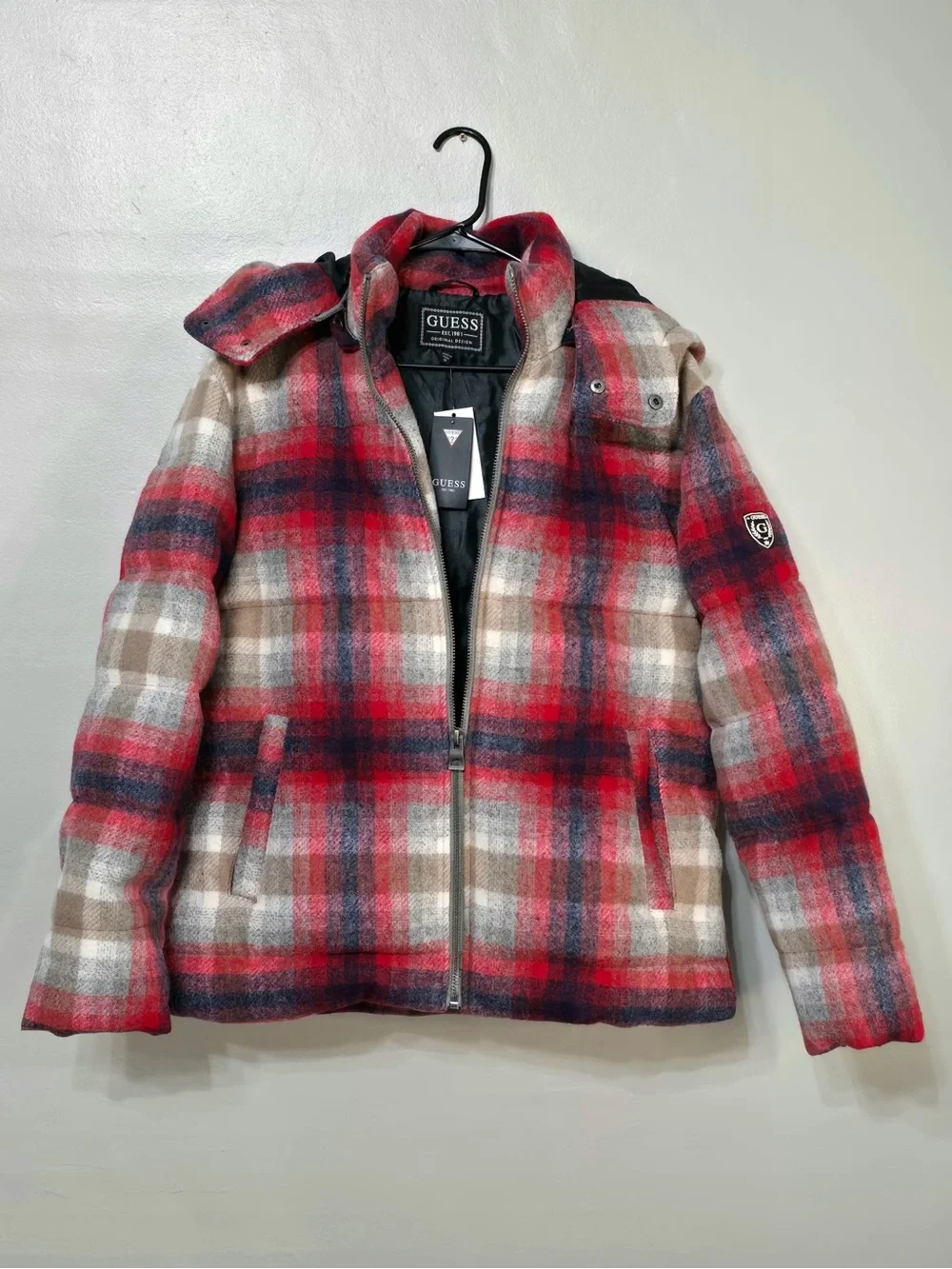 GUESS Red and Tan Plaid Y2K Men's Zip Jacket NWT Medium